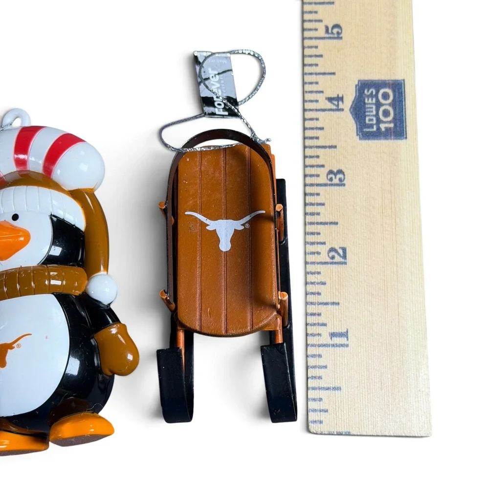 Texas Longhorns Forever Collectibles Penguin and Sled Christmas Ornaments Set